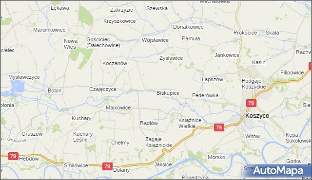 mapa Biskupice gmina Koszyce, Biskupice gmina Koszyce na mapie Targeo