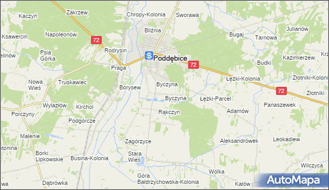 mapa Byczyna gmina Poddębice, Byczyna gmina Poddębice na mapie Targeo