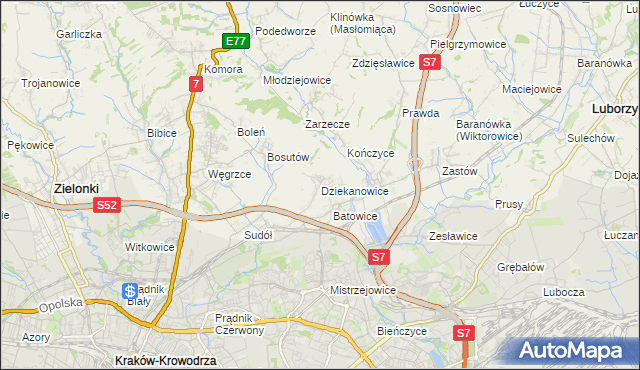 mapa Dziekanowice gmina Zielonki, Dziekanowice gmina Zielonki na mapie Targeo