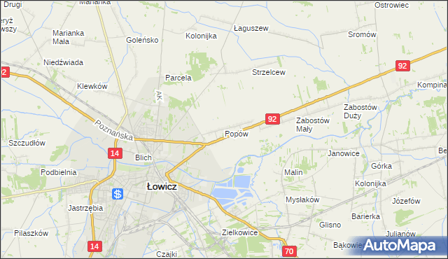 mapa Popów gmina Łowicz, Popów gmina Łowicz na mapie Targeo