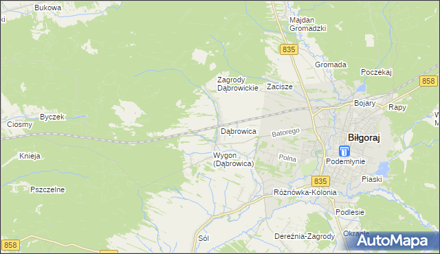mapa Dąbrowica gmina Biłgoraj, Dąbrowica gmina Biłgoraj na mapie Targeo