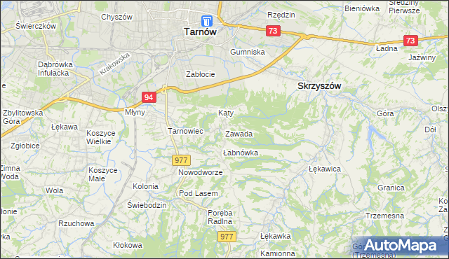 mapa Zawada gmina Tarnów, Zawada gmina Tarnów na mapie Targeo