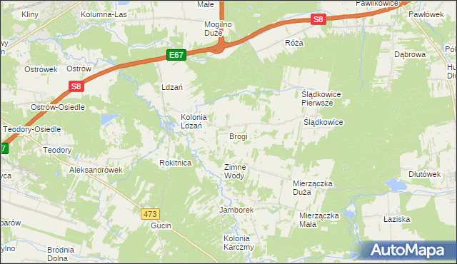 mapa Brogi gmina Dobroń, Brogi gmina Dobroń na mapie Targeo