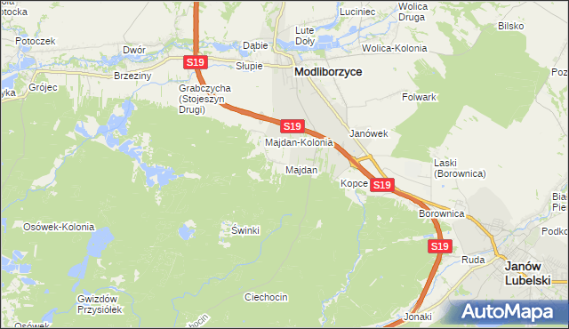 mapa Majdan gmina Modliborzyce, Majdan gmina Modliborzyce na mapie Targeo