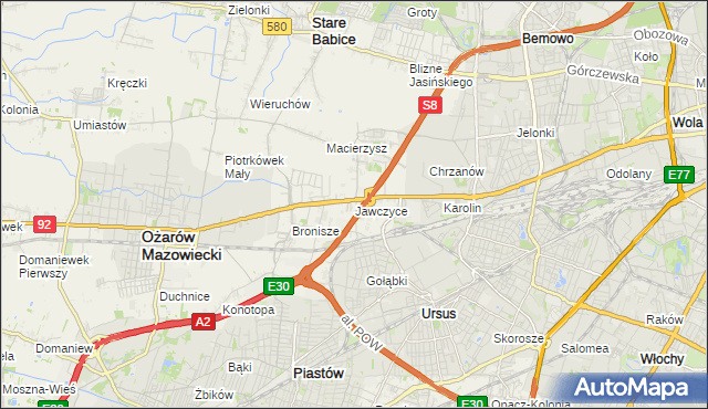 mapa Jawczyce gmina Ożarów Mazowiecki, Jawczyce gmina Ożarów Mazowiecki na mapie Targeo