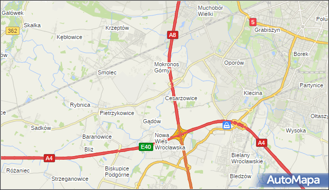 mapa Cesarzowice gmina Kąty Wrocławskie, Cesarzowice gmina Kąty Wrocławskie na mapie Targeo