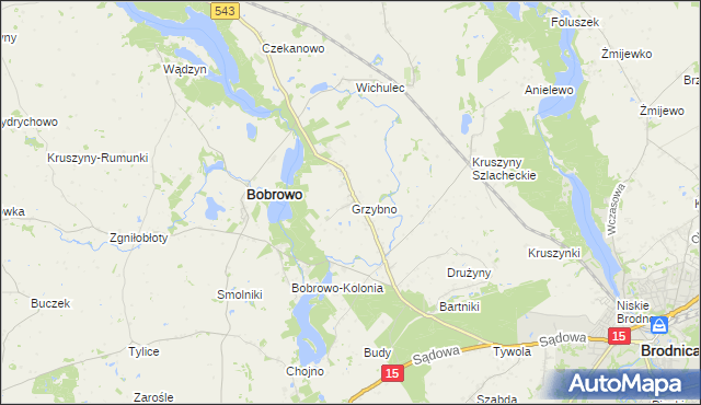 mapa Grzybno gmina Bobrowo, Grzybno gmina Bobrowo na mapie Targeo