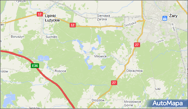 mapa Miłowice gmina Żary, Miłowice gmina Żary na mapie Targeo