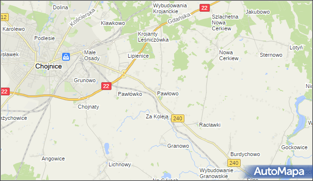 mapa Pawłowo gmina Chojnice, Pawłowo gmina Chojnice na mapie Targeo