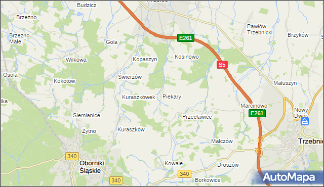 mapa Piekary gmina Oborniki Śląskie, Piekary gmina Oborniki Śląskie na mapie Targeo