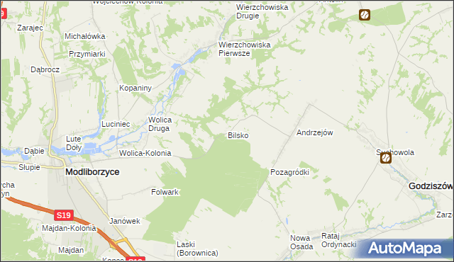 mapa Bilsko gmina Modliborzyce, Bilsko gmina Modliborzyce na mapie Targeo