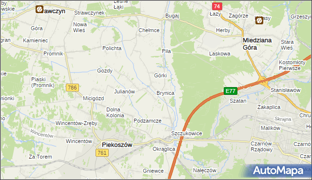 mapa Brynica gmina Piekoszów, Brynica gmina Piekoszów na mapie Targeo