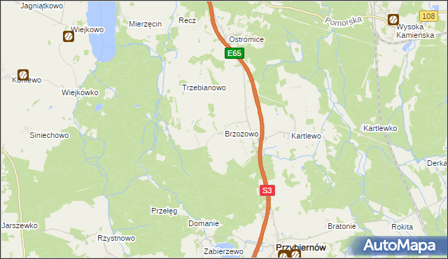 mapa Brzozowo gmina Przybiernów, Brzozowo gmina Przybiernów na mapie Targeo