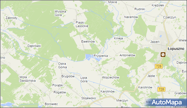 mapa Fryszerka gmina Łopuszno, Fryszerka gmina Łopuszno na mapie Targeo