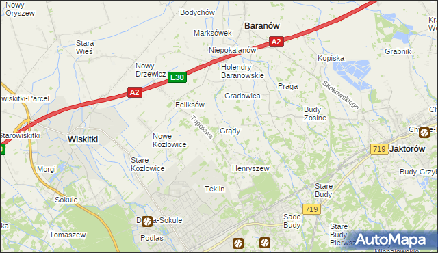 mapa Grądy gmina Jaktorów, Grądy gmina Jaktorów na mapie Targeo