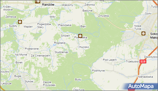 mapa Hucisko gmina Głogów Małopolski, Hucisko gmina Głogów Małopolski na mapie Targeo