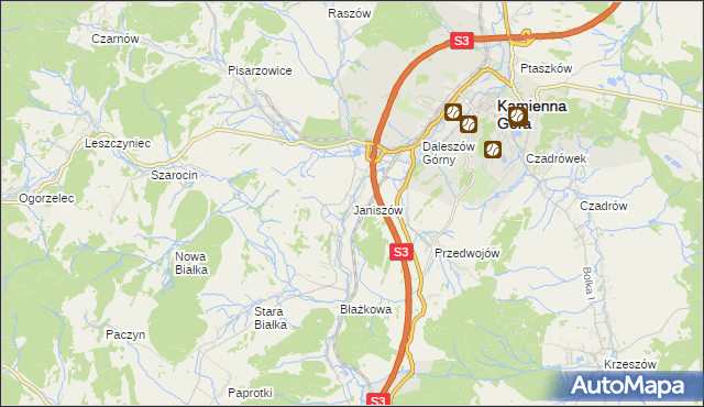 mapa Janiszów gmina Kamienna Góra, Janiszów gmina Kamienna Góra na mapie Targeo