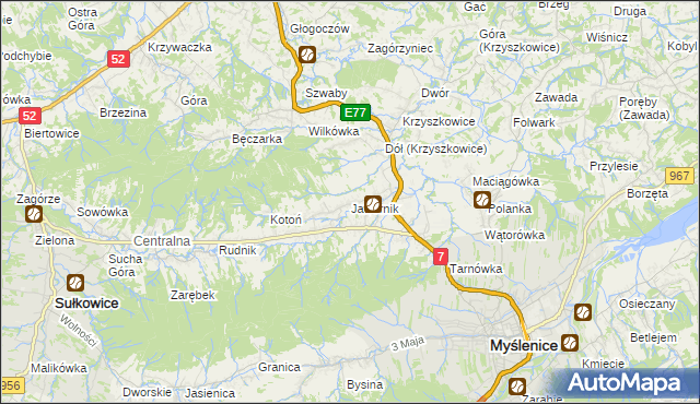 mapa Jawornik gmina Myślenice, Jawornik gmina Myślenice na mapie Targeo