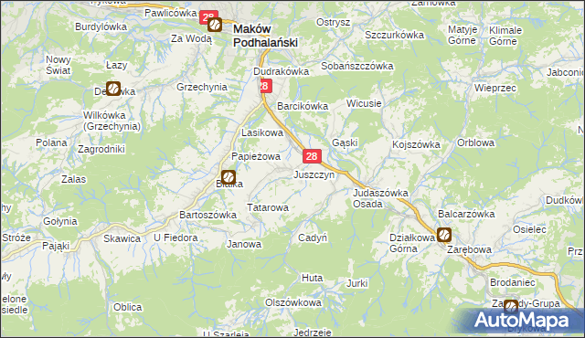 mapa Juszczyn gmina Maków Podhalański, Juszczyn gmina Maków Podhalański na mapie Targeo