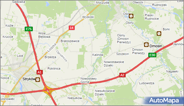 mapa Kalinów gmina Stryków, Kalinów gmina Stryków na mapie Targeo