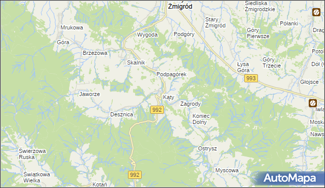 mapa Kąty gmina Nowy Żmigród, Kąty gmina Nowy Żmigród na mapie Targeo