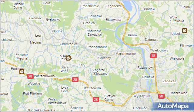 mapa Klęczany gmina Chełmiec, Klęczany gmina Chełmiec na mapie Targeo