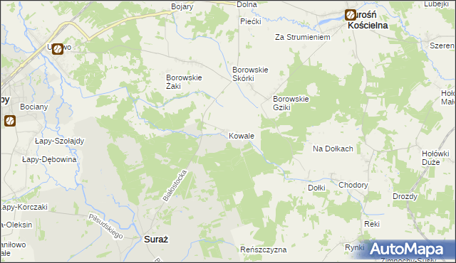 mapa Kowale gmina Suraż, Kowale gmina Suraż na mapie Targeo