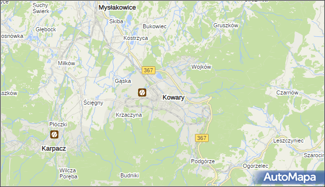 mapa Kowary powiat jeleniogórski, Kowary powiat jeleniogórski na mapie Targeo