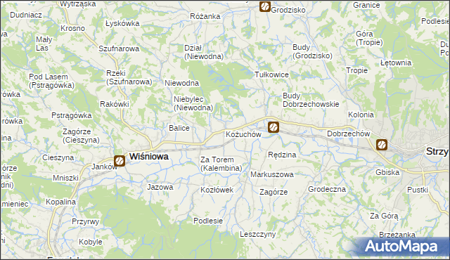 mapa Kożuchów gmina Wiśniowa, Kożuchów gmina Wiśniowa na mapie Targeo