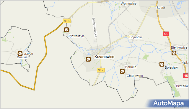 mapa Krzanowice powiat raciborski, Krzanowice powiat raciborski na mapie Targeo