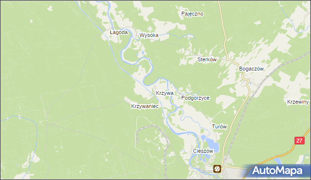 mapa Krzywa gmina Nowogród Bobrzański, Krzywa gmina Nowogród Bobrzański na mapie Targeo