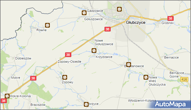 mapa Krzyżowice gmina Głubczyce, Krzyżowice gmina Głubczyce na mapie Targeo