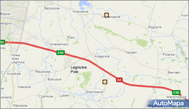 mapa Księginice gmina Legnickie Pole, Księginice gmina Legnickie Pole na mapie Targeo