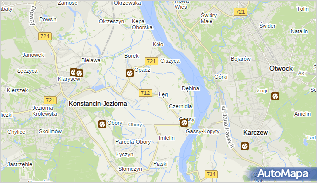 mapa Łęg gmina Konstancin-Jeziorna, Łęg gmina Konstancin-Jeziorna na mapie Targeo