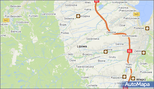 mapa Lipowa powiat żywiecki, Lipowa powiat żywiecki na mapie Targeo