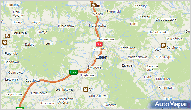 mapa Lubień powiat myślenicki, Lubień powiat myślenicki na mapie Targeo