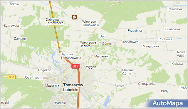 mapa Majdanek gmina Tomaszów Lubelski, Majdanek gmina Tomaszów Lubelski na mapie Targeo