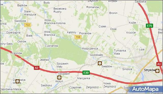 mapa Moszczenica gmina Zgierz, Moszczenica gmina Zgierz na mapie Targeo