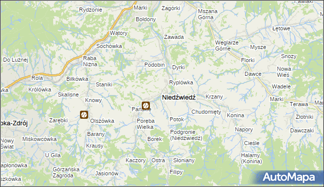mapa Niedźwiedź powiat limanowski, Niedźwiedź powiat limanowski na mapie Targeo