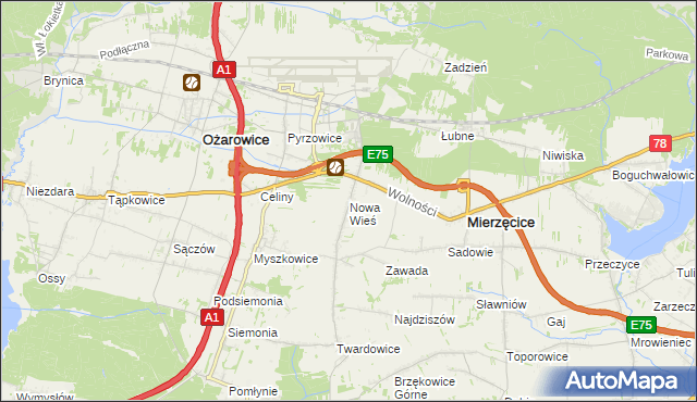 mapa Nowa Wieś gmina Mierzęcice, Nowa Wieś gmina Mierzęcice na mapie Targeo