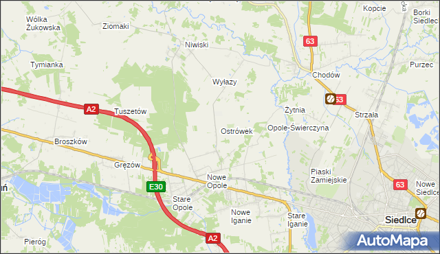 mapa Ostrówek gmina Siedlce, Ostrówek gmina Siedlce na mapie Targeo