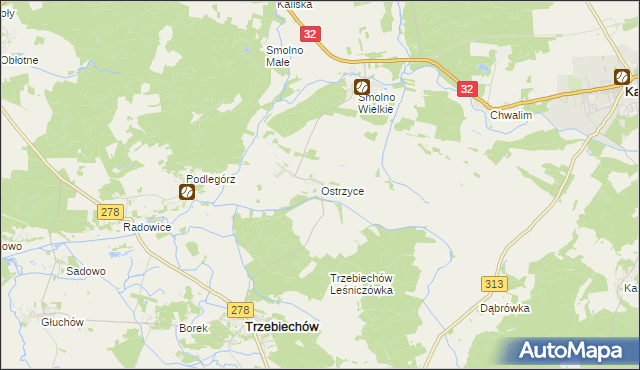 mapa Ostrzyce gmina Trzebiechów, Ostrzyce gmina Trzebiechów na mapie Targeo