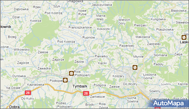 mapa Piekiełko gmina Tymbark, Piekiełko gmina Tymbark na mapie Targeo