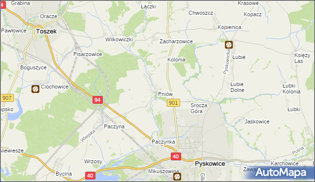 mapa Pniów gmina Toszek, Pniów gmina Toszek na mapie Targeo