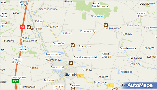 mapa Prandocin gmina Słomniki, Prandocin gmina Słomniki na mapie Targeo