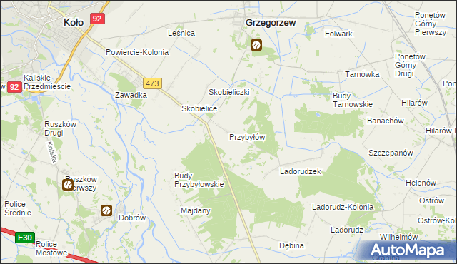 mapa Przybyłów gmina Koło, Przybyłów gmina Koło na mapie Targeo