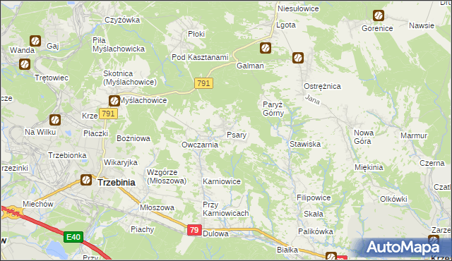 mapa Psary gmina Trzebinia, Psary gmina Trzebinia na mapie Targeo