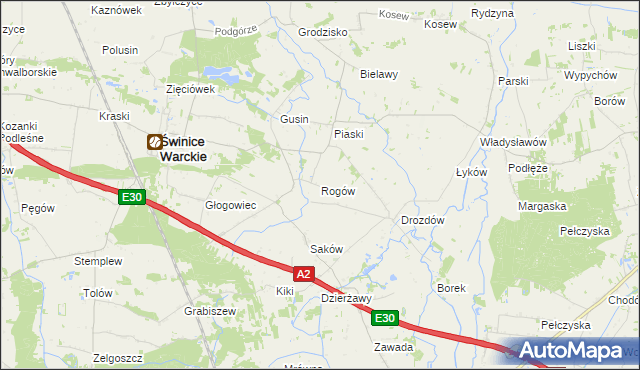 mapa Rogów gmina Świnice Warckie, Rogów gmina Świnice Warckie na mapie Targeo