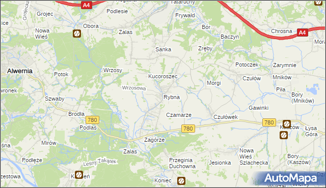 mapa Rybna gmina Czernichów, Rybna gmina Czernichów na mapie Targeo