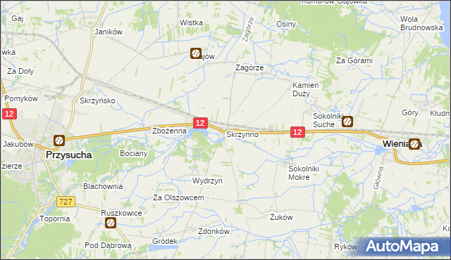 mapa Skrzynno gmina Wieniawa, Skrzynno gmina Wieniawa na mapie Targeo